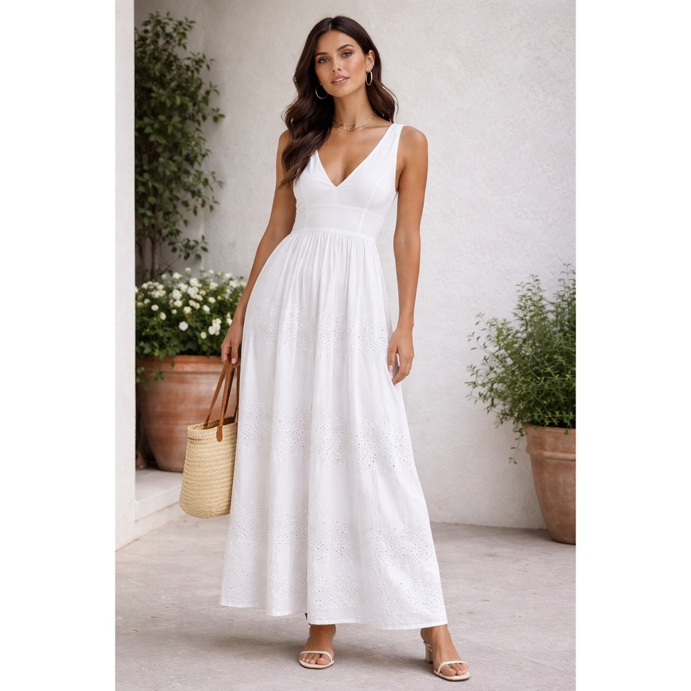 International Concepts White Eyelet Maxi Dress Bloom V-Neck Petite Medium NWT